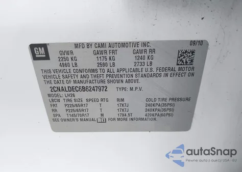 2011 Chevrolet Equinox 1Lt из США, поврежденный, VIN 2CNALDEC6B6247972